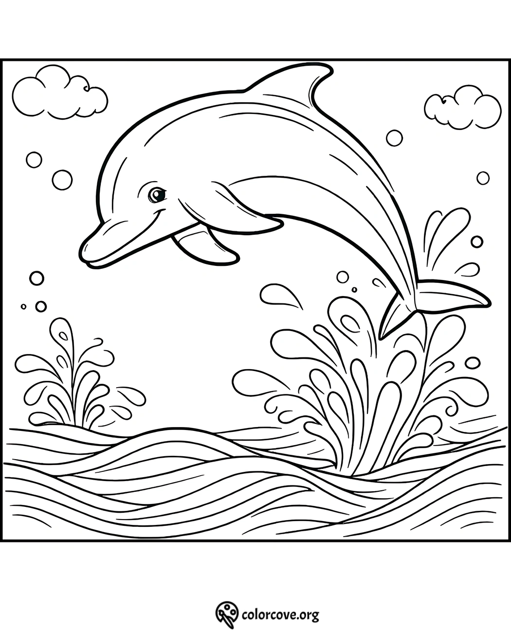 Dolphin coloring page: playful dolphin jumping out of the ocean, surrounded by splashes and clouds. Perfect for kids' activities.