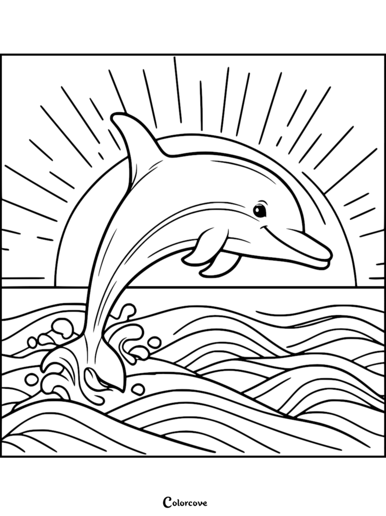 Un adorable delfín saltando fuera de las olas del océano frente a un sol naciente, presentado en una página para colorear imprimible.