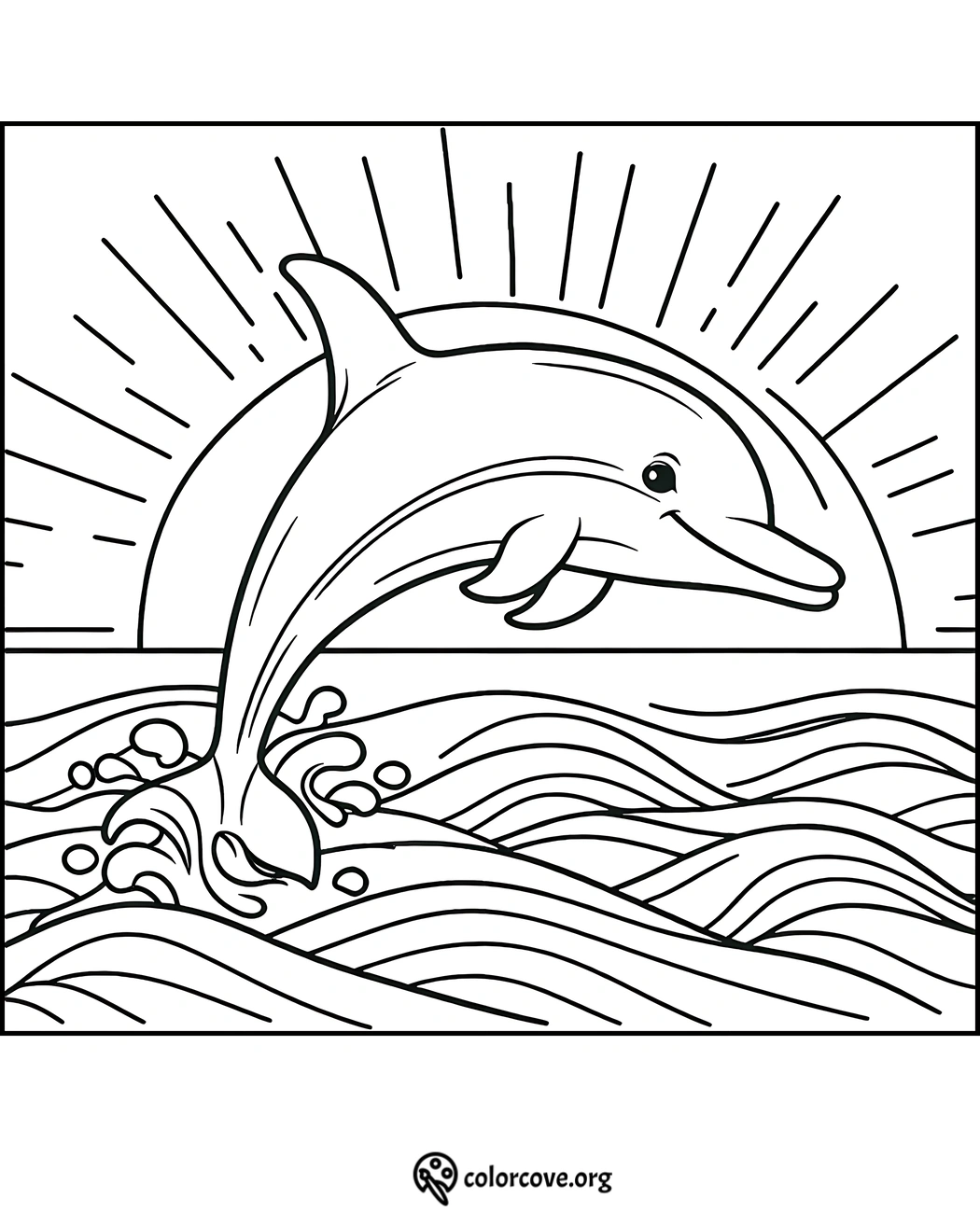 Dolphin coloring page with a dolphin leaping from the ocean waves against a setting sun. Perfect for kids to color.