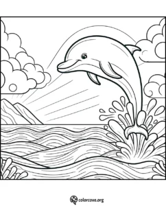 Dolphin leaping out of the ocean coloring page for kids. Fun printable sea life coloring sheet with waves and clouds.