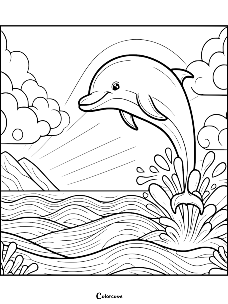 Un adorable delfín saltando fuera de las olas del océano con un sol y nubes de fondo en una página para colorear imprimible.