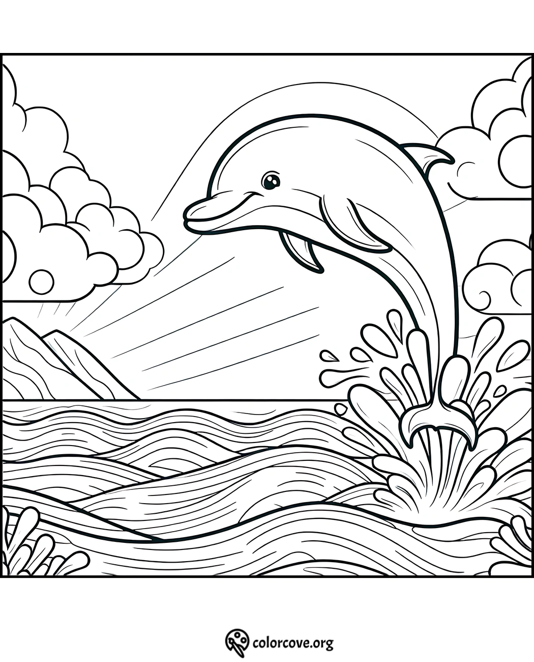 Dolphin leaping out of the ocean coloring page for kids. Fun printable sea life coloring sheet with waves and clouds.