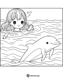 Coloring page of a cheerful girl swimming in the ocean with a friendly dolphin