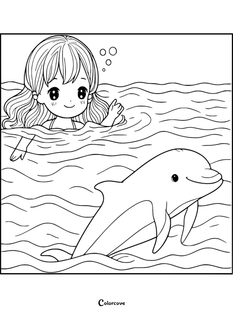 Una tierna niña nadando en el océano saludando a un delfín amigable en esta hoja de dibujo para colorear imprimible 30.