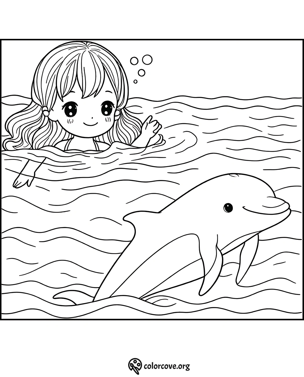 Coloring page of a cheerful girl swimming in the ocean with a friendly dolphin