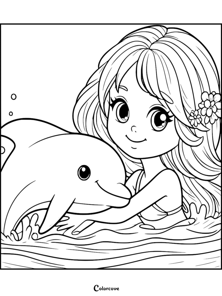 Una tierna niña con flores en el cabello abrazando a un delfín amigable en el agua, hoja de dibujo para colorear imprimible 31.