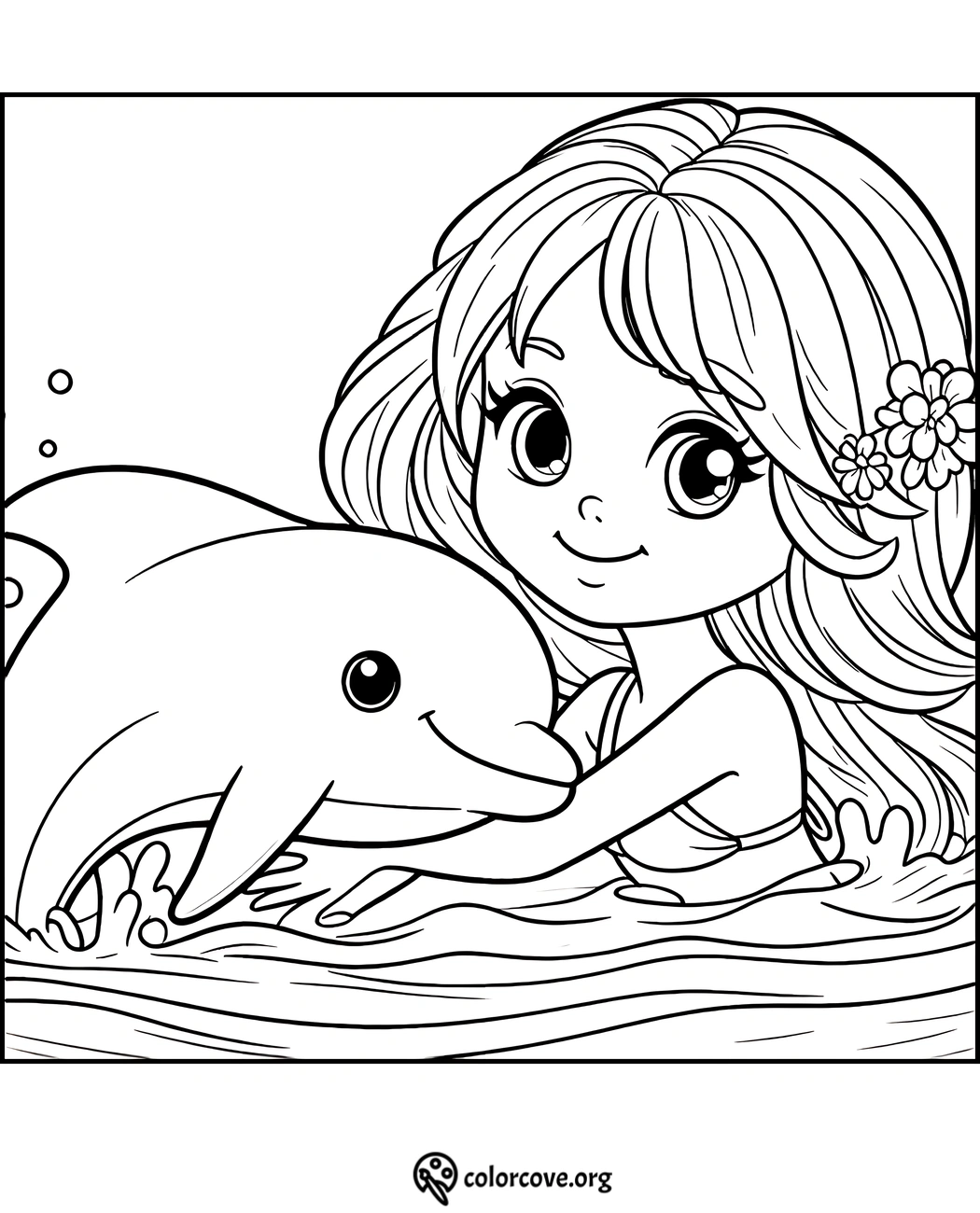 Cute girl with flower in hair and dolphin coloring page for kids, printable ocean-themed illustration to color.