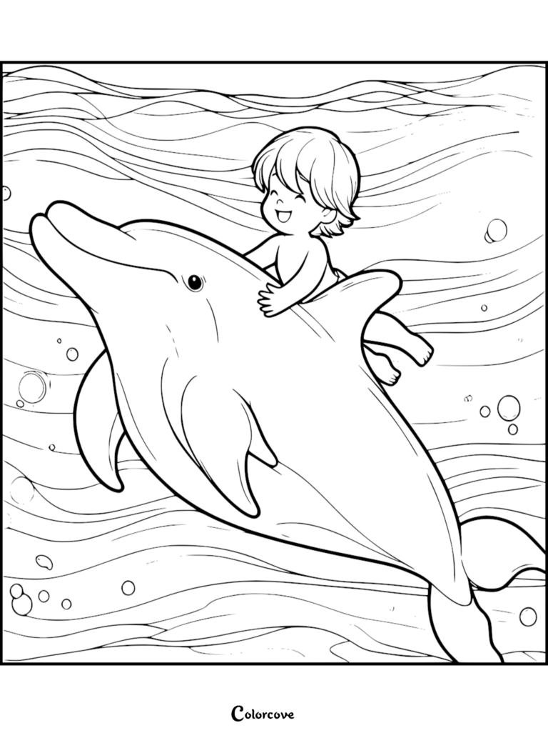 Un niño feliz montado en la espalda de un delfín amigable en esta hoja de dibujo para colorear imprimible 32.