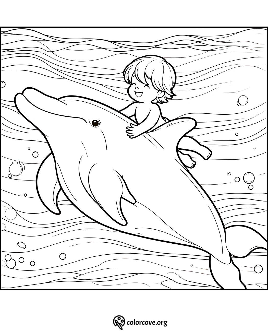 Happy child riding a dolphin coloring page with waves and bubbles. Fun aquatic theme for kids.