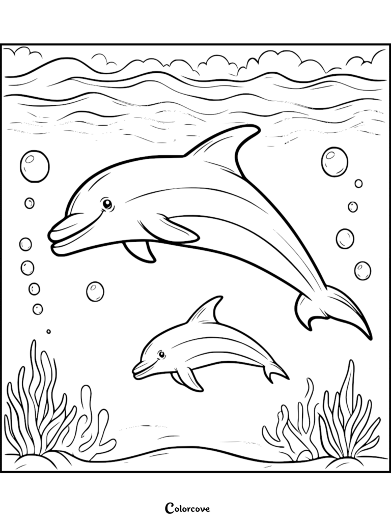 Una madre delfín y su cría nadando bajo el agua en este dibujo para colorear imprimible con burbujas y plantas marinas.