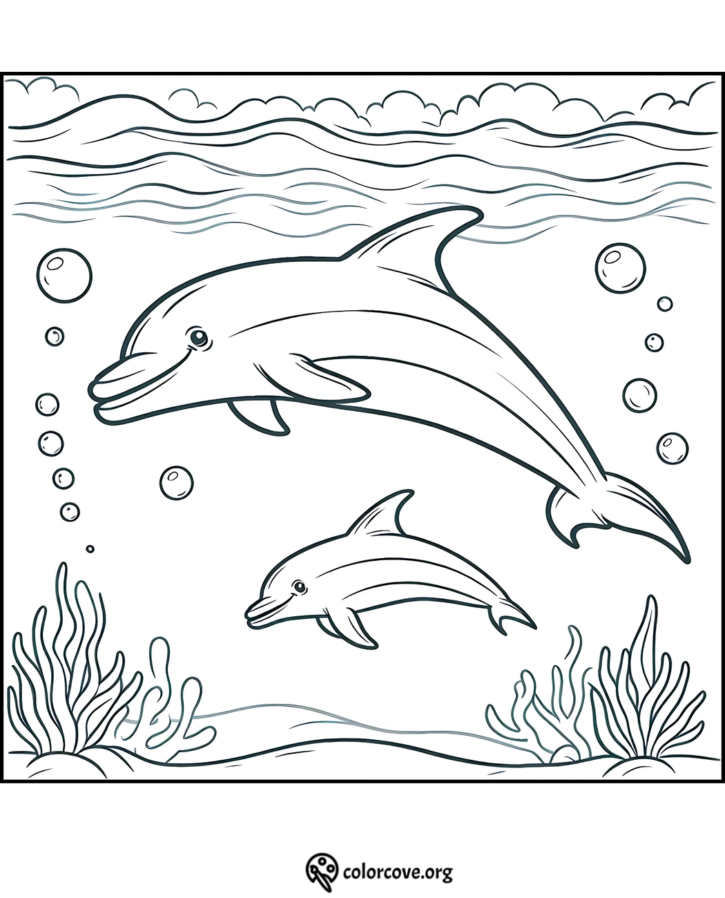 Coloring page of two playful dolphins swimming underwater, surrounded by bubbles and ocean plants. Fun ocean scene.