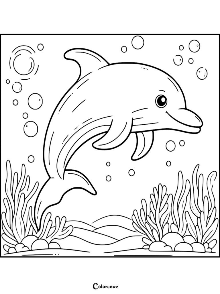 Un tierno delfín nadando entre burbujas y algas en esta hoja de dibujo para colorear imprimible 34.