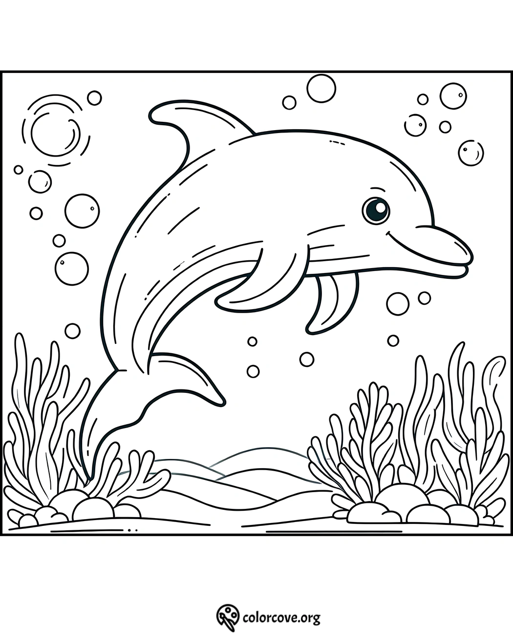 Dolphin coloring page featuring underwater scene with bubbles, seaweed, and a happy dolphin. Perfect for kids.