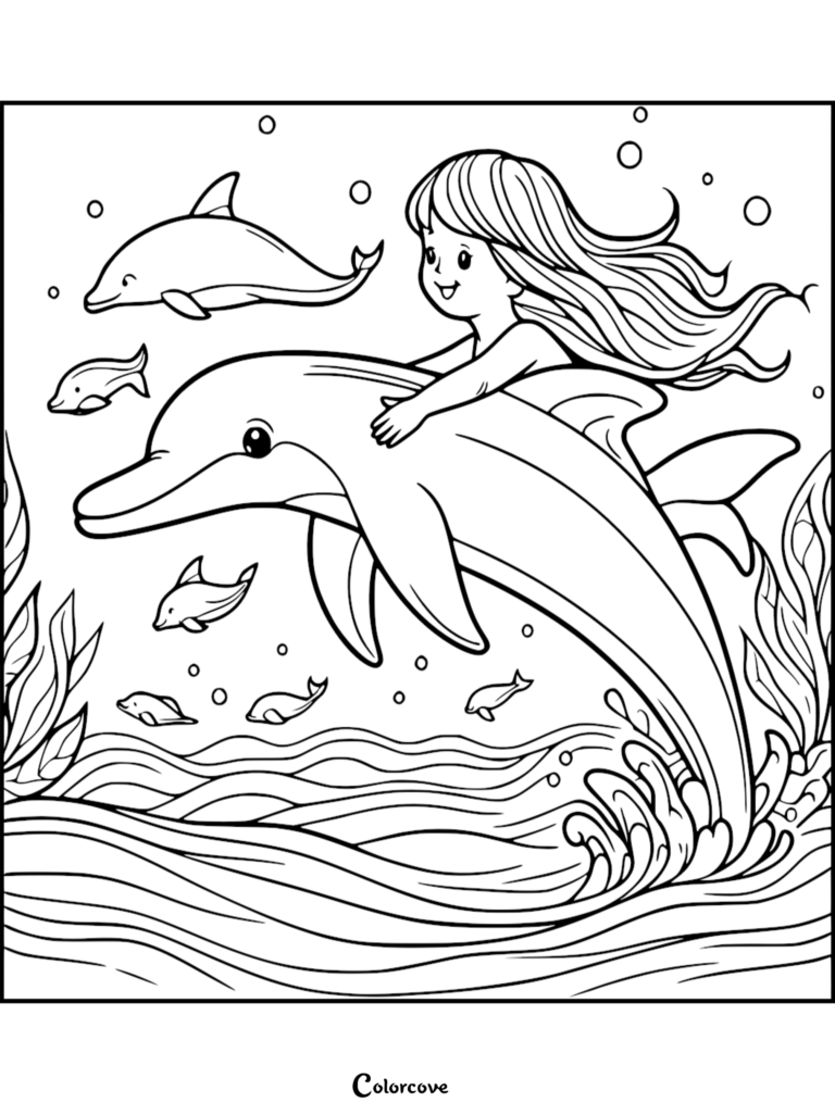 Una niña montando un tierno delfín en el océano, en una hoja de dibujo para colorear imprimible gratis.
