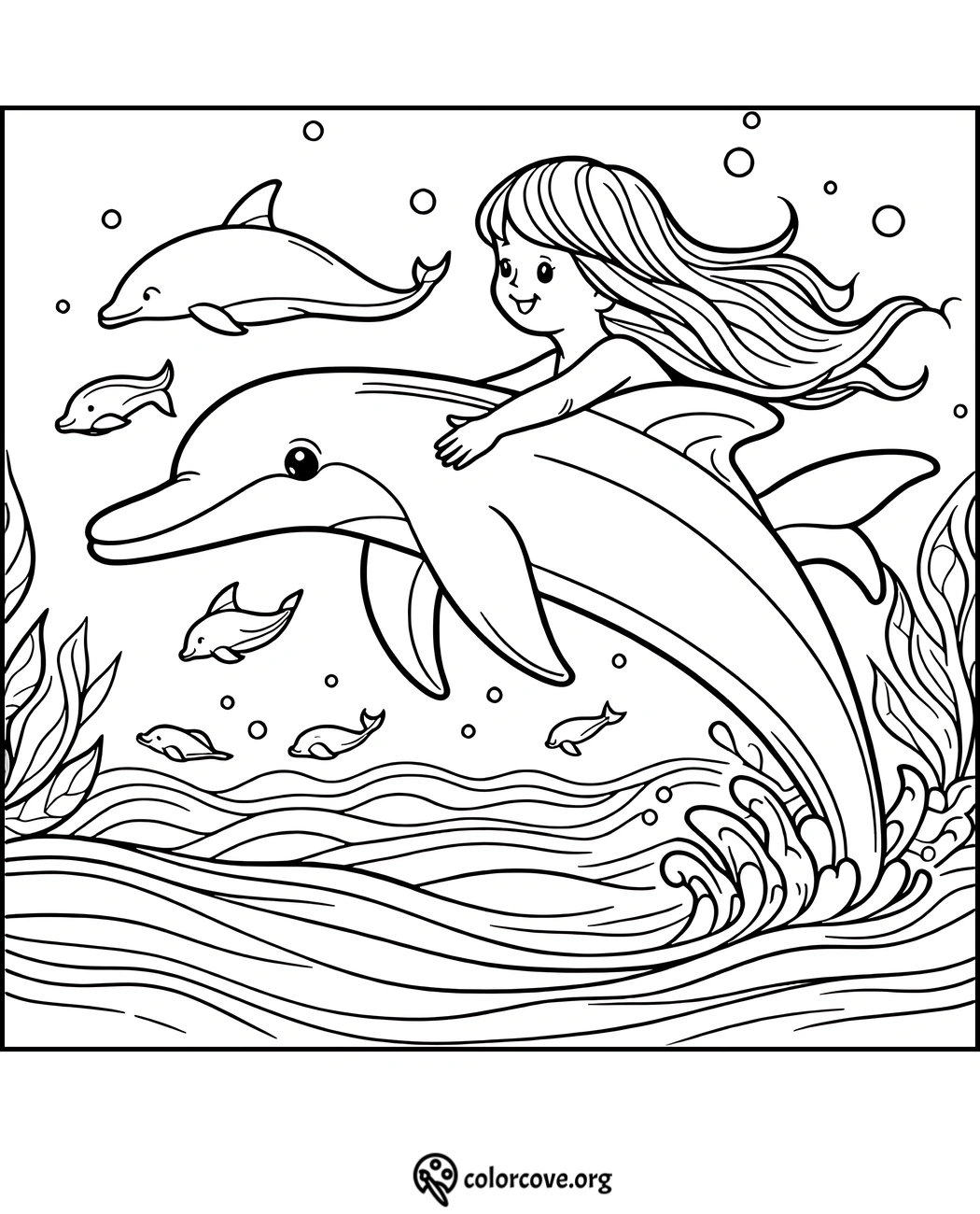 Girl riding a dolphin coloring page with underwater sea creatures, waves, and plants for kids. Printable ocean adventure.