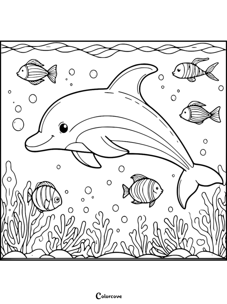Un tierno delfín nadando bajo el agua con pequeños peces raya y coral en esta hoja de dibujo para colorear imprimible 36.