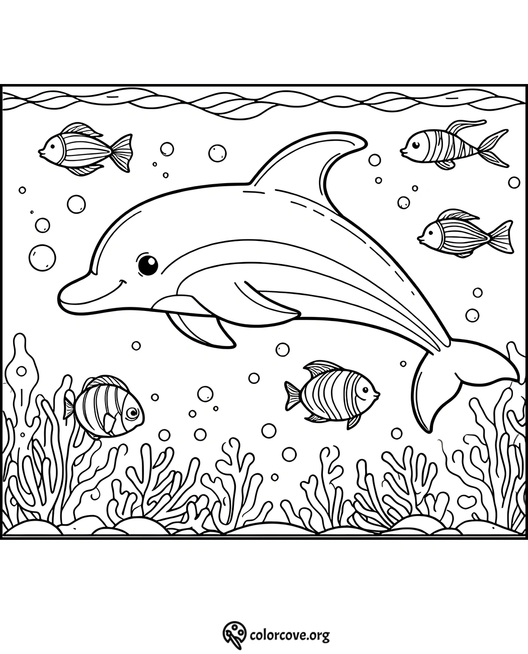 Coloring page featuring a smiling dolphin swimming with fish and coral reef in an underwater scene. Relaxing ocean-themed activity.