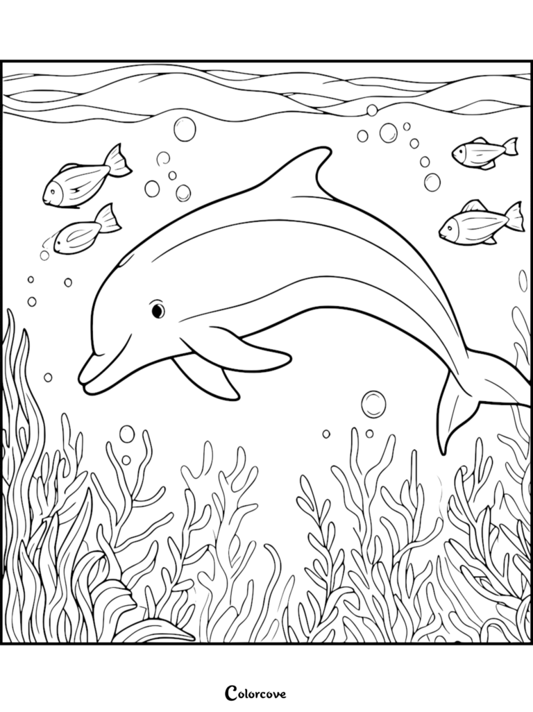 Un tierno delfín nadando entre algas y peces pequeños en este dibujo para colorear imprimible.