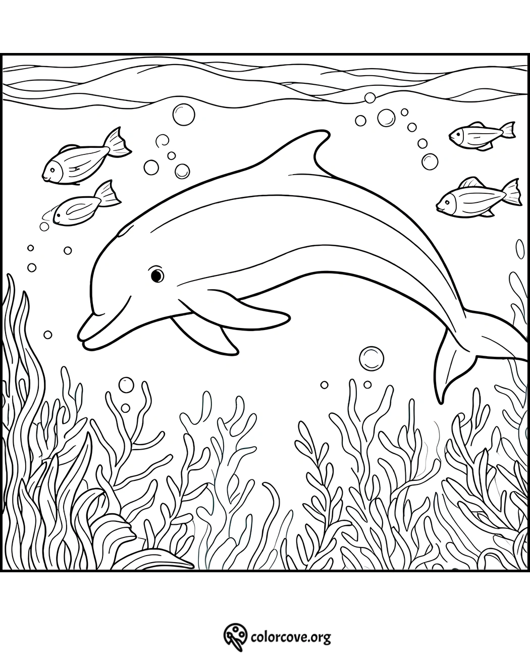 Coloring page featuring a dolphin swimming underwater with four fish, surrounded by seaweed and bubbles.