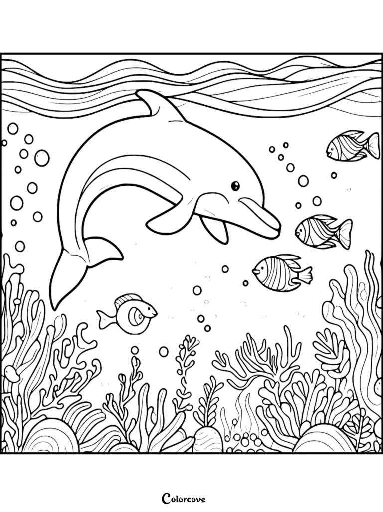 Hoja 4 de dibujos de un delfín para imprimir gratis, con un tierno delfín nadando entre peces pequeños y un arrecife de coral.