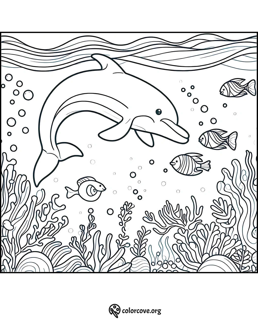 Coloring page of an underwater scene with a dolphin, fish, coral, and bubbles. Perfect for kids' ocean-themed coloring activities.