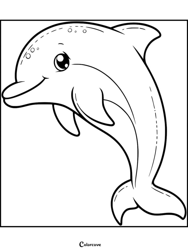Un adorable delfín saltando en un estilo de página para colorear de arte lineal simple, hoja 5.