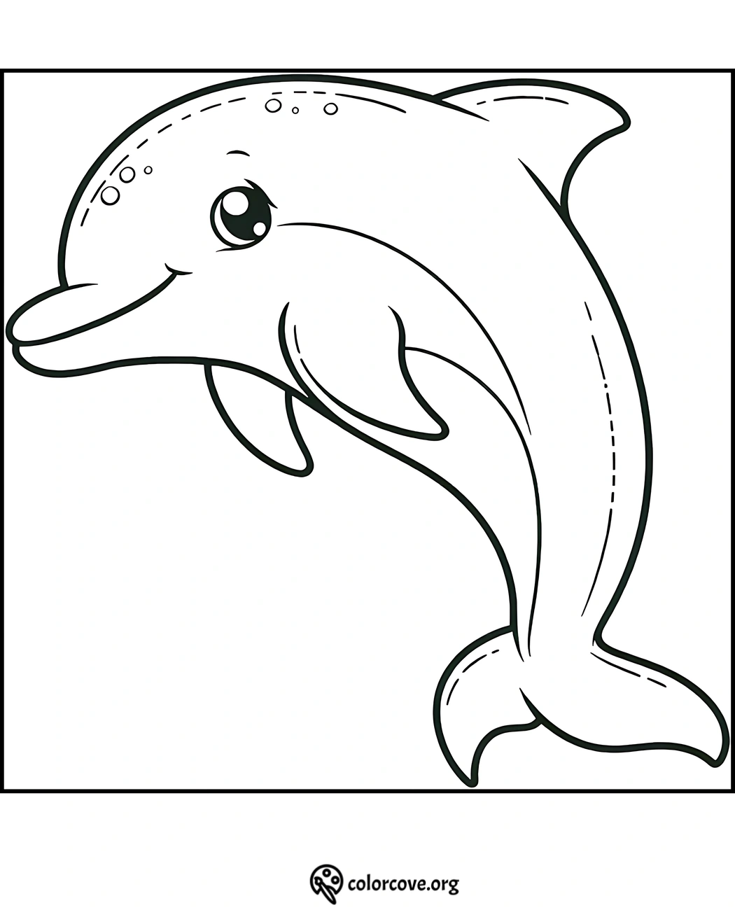 Coloring page of a happy dolphin with a big smile and large eyes, perfect for kids to color and enjoy.