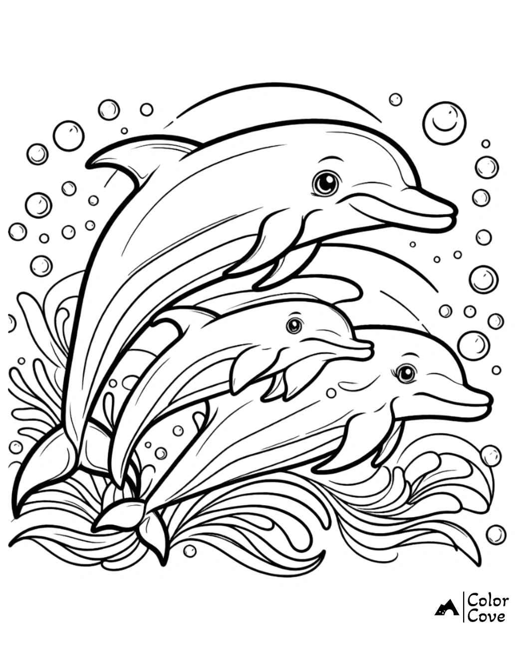 a coloring page of dolphins swimming