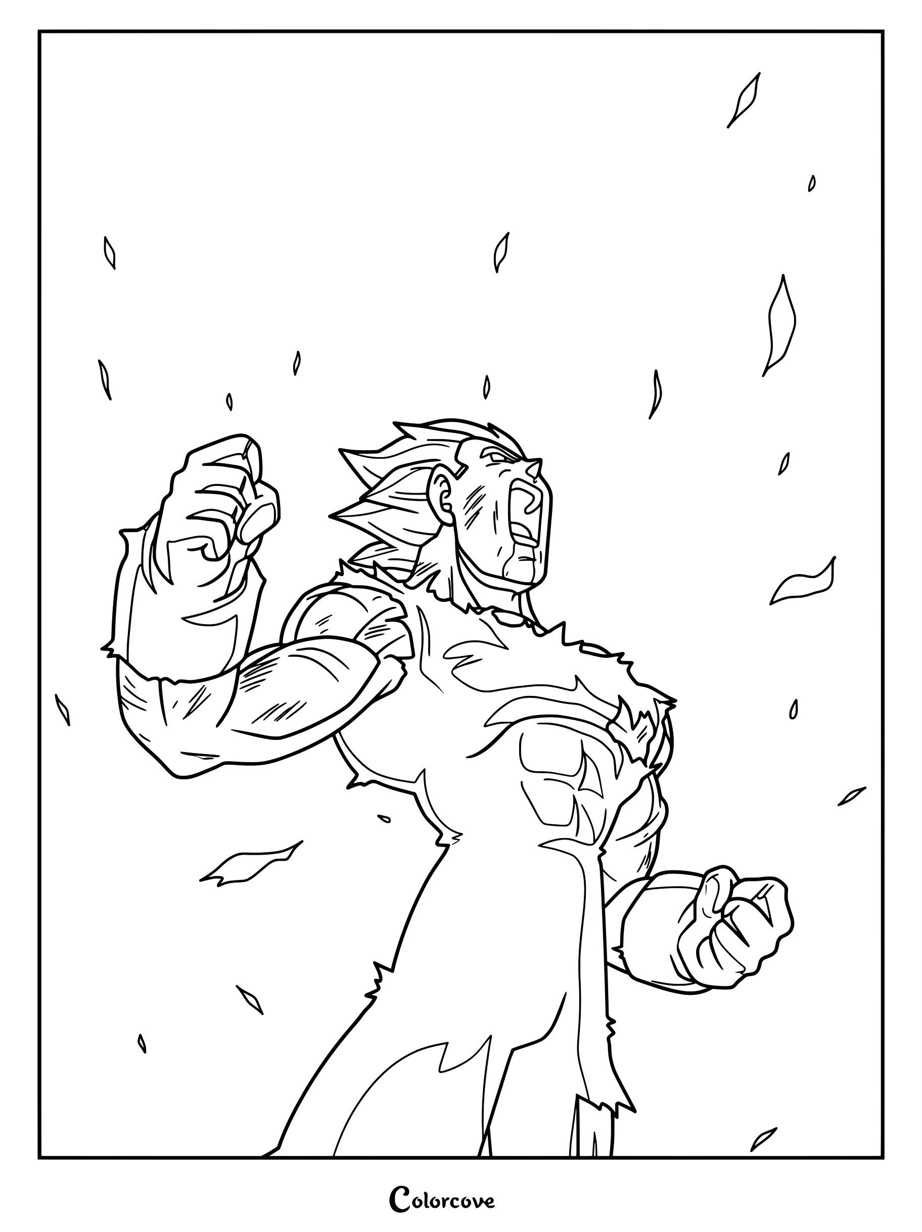 Página para colorear de Dragon Ball con Majin Vegeta haciendo el sacrificio final en una poderosa pose