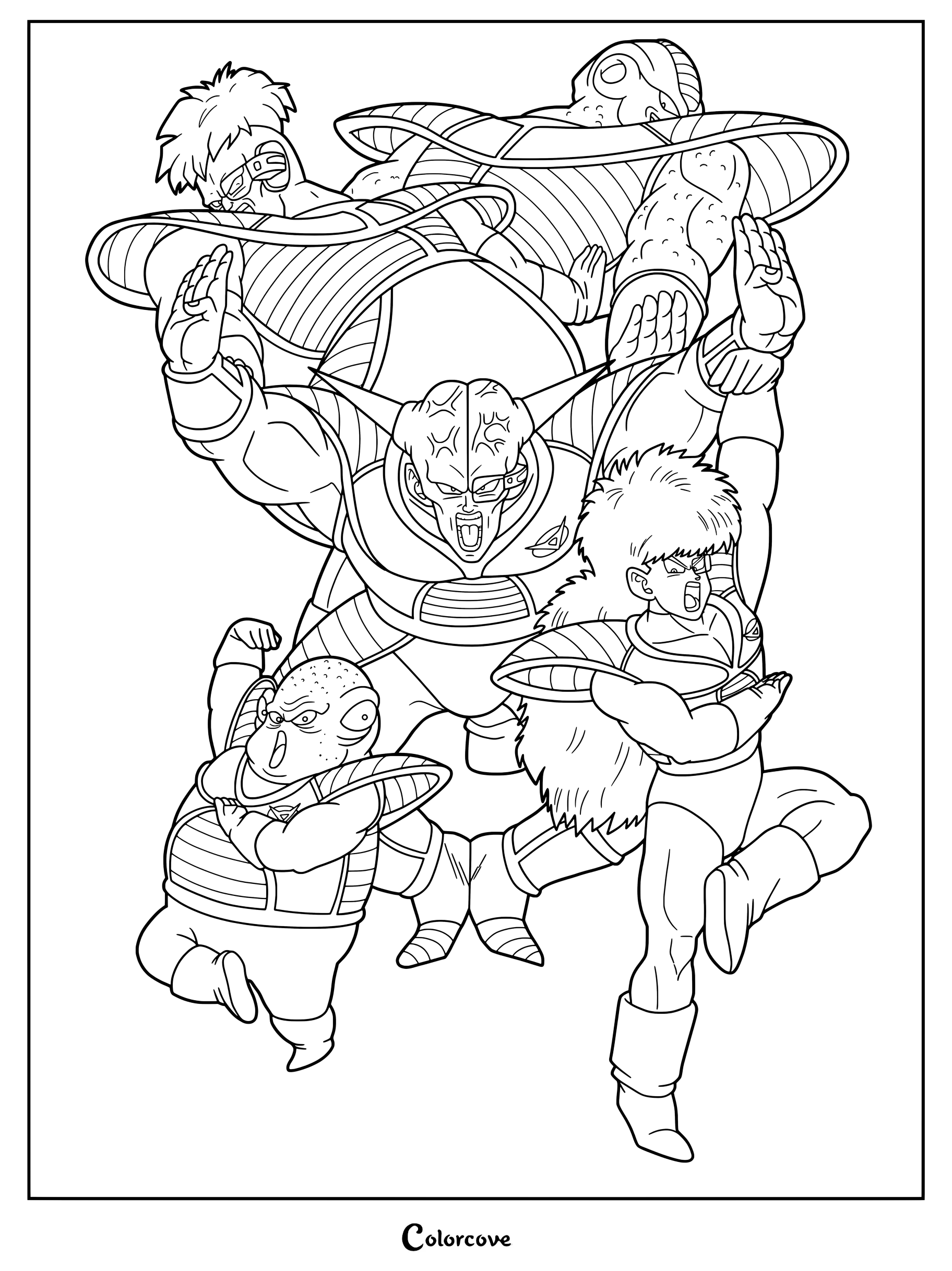 Dibujo de Dragon Ball para colorear con el Capitán Ginyu y las Fuerzas Especiales Ginyu haciendo una pose dramática juntos.
