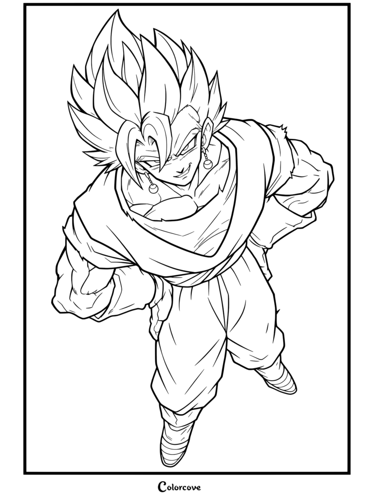 Coloriage Dragon Ball représentant Vegetto Super Saiyan souriant avec malice en plongée, avec ses cheveux hérissés emblématiques et ses boucles d'oreilles Potalas.
