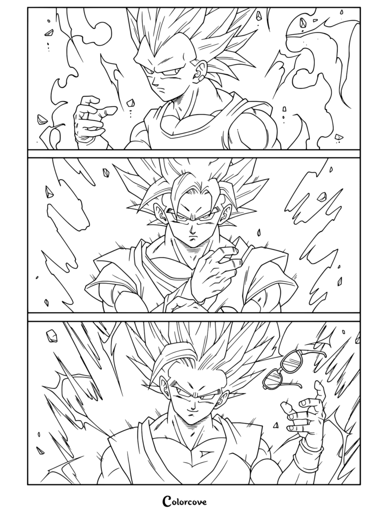 Coloriage Dragon Ball représentant Vegeta Ultra Ego, Goku Ultra Instinct et Gohan Beast déployant leur puissance dans des cases séparées