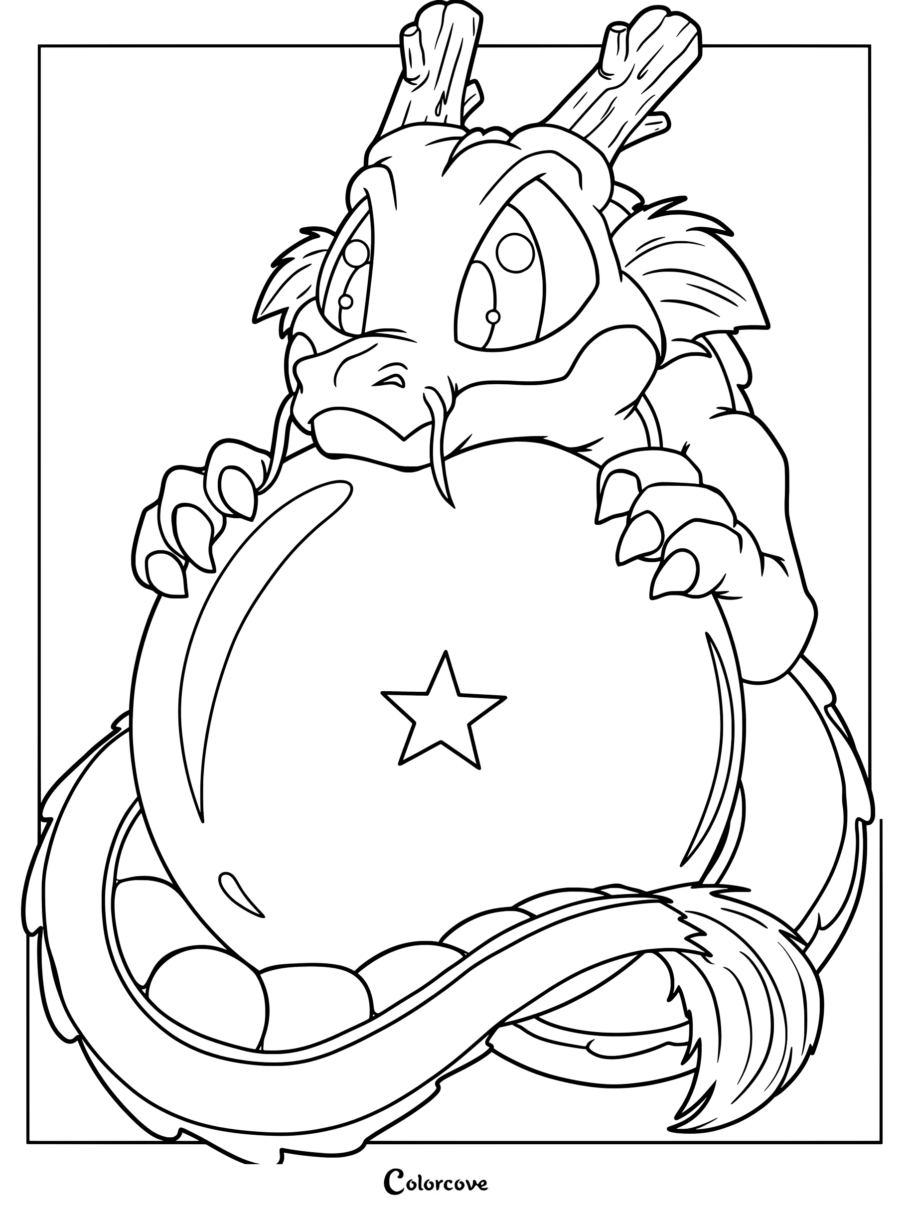 Dibujo para colorear de un tierno Shenlong estilo chibi abrazando una gran Esfera del Dragón.