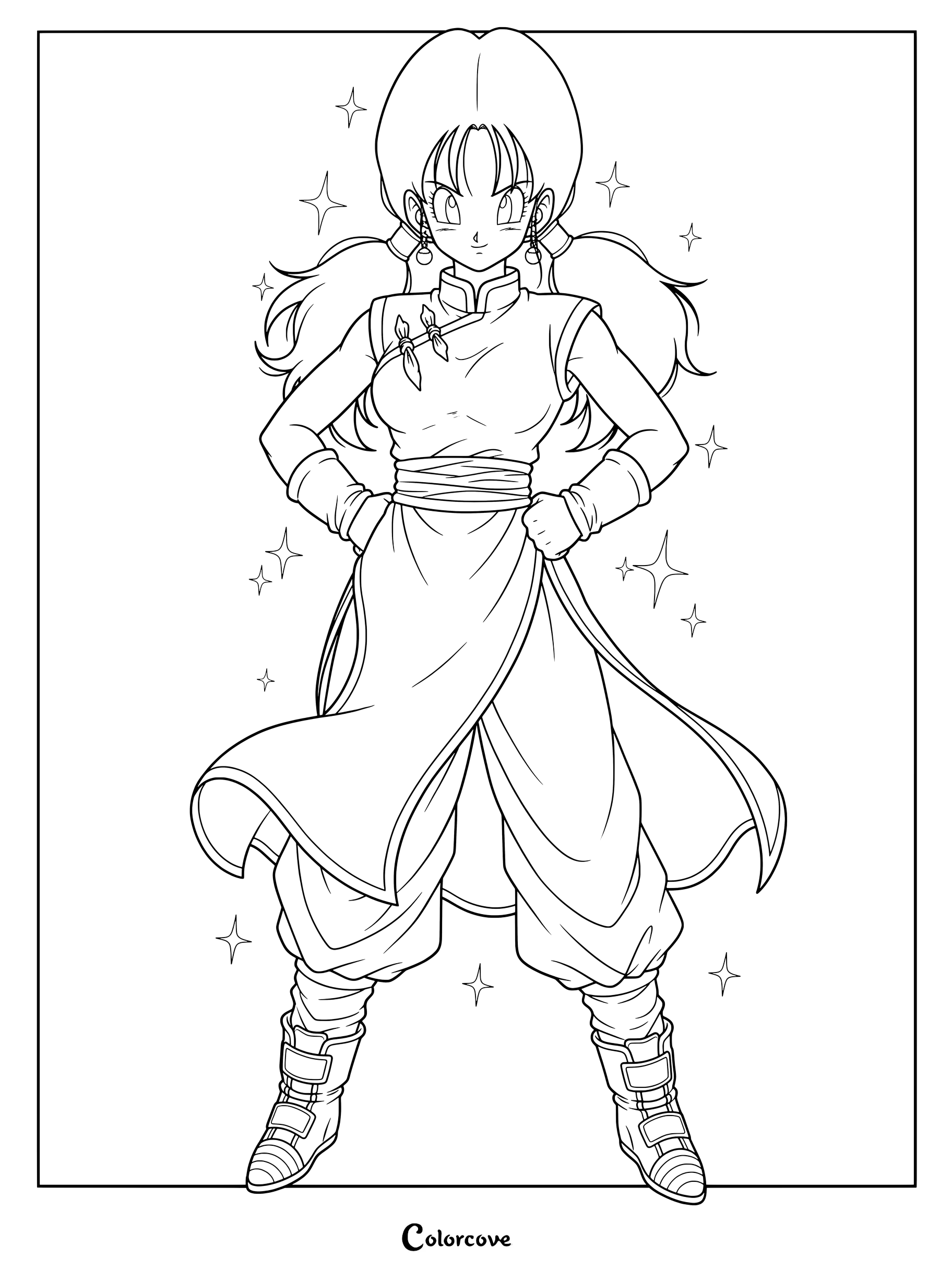 Dibujo para colorear de Milk de Dragon Ball vistiendo su traje azul de artes marciales con bordes rosas, pantalones blancos y botas verdes.