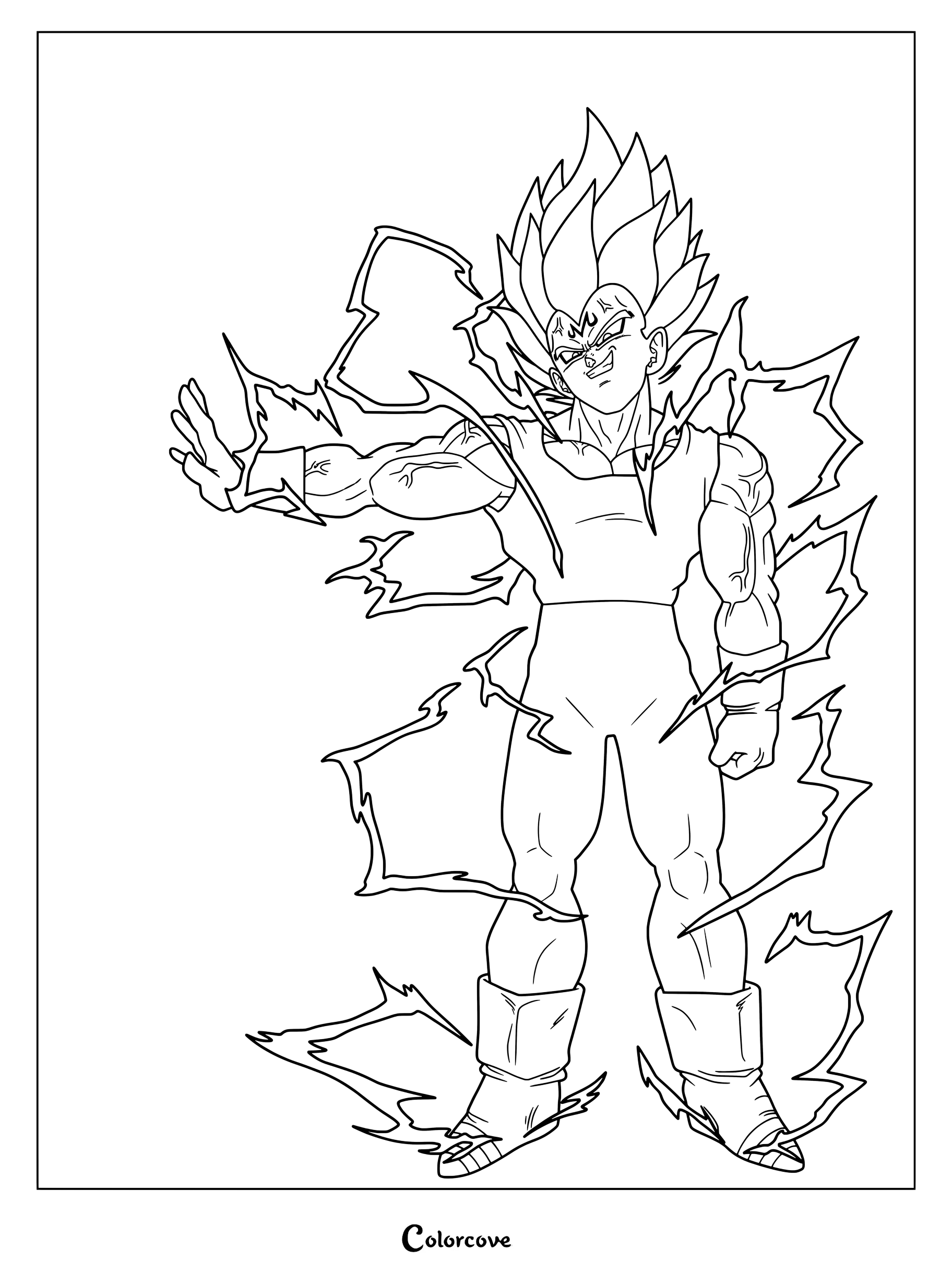 Página para colorear de Dragon Ball Z con Majin Vegeta en forma de Super Saiyajin rodeado por un aura de energía