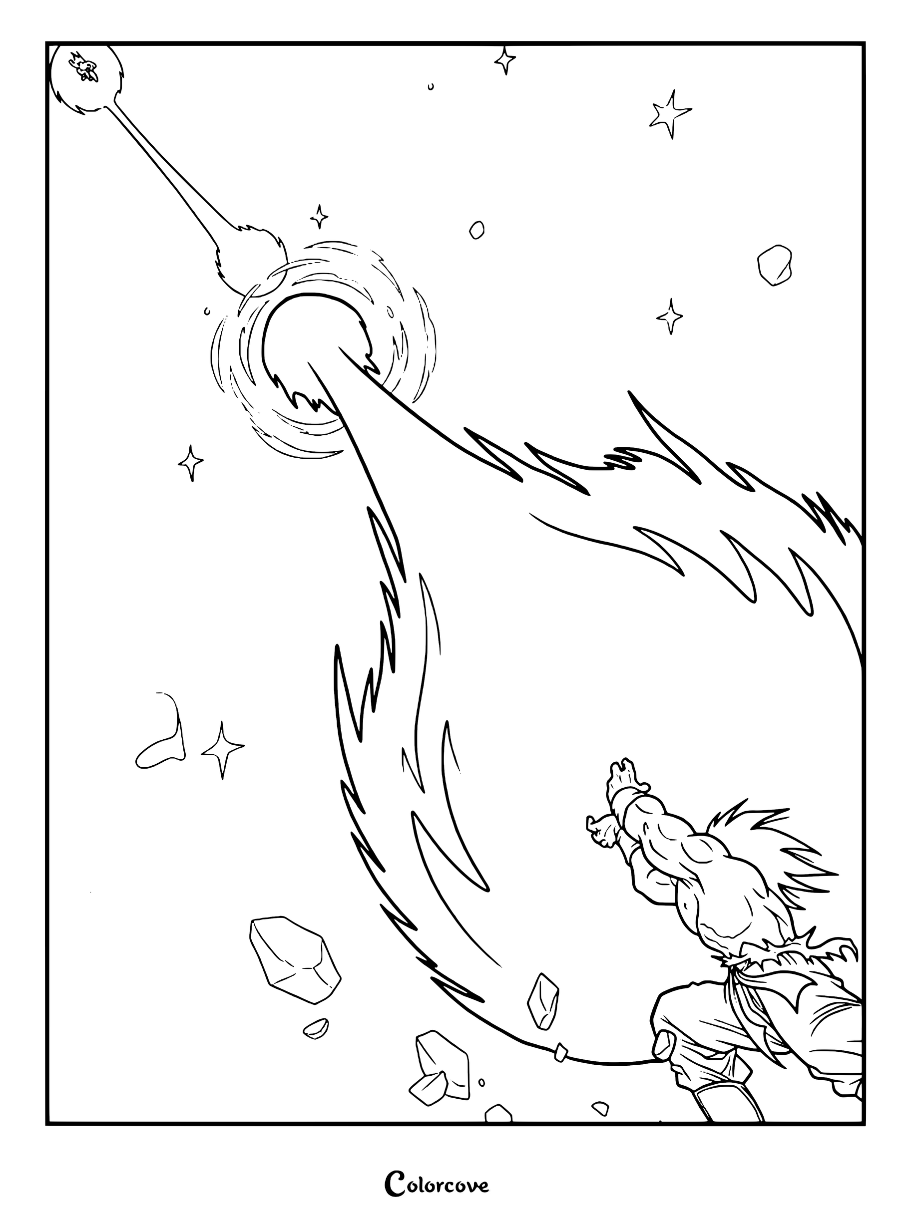 Dibujo para colorear de la Saga Saiyajin de Dragon Ball Z con Son Goku lanzando un enorme Kamehameha con Kaioken en un choque de poderes contra el Cañón Galick de Vegeta.