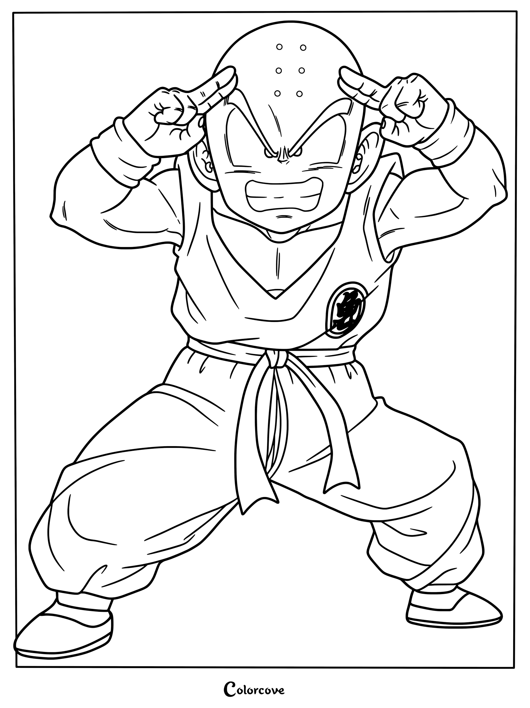 Dibujo para colorear de Krilin de Dragon Ball preparando una técnica