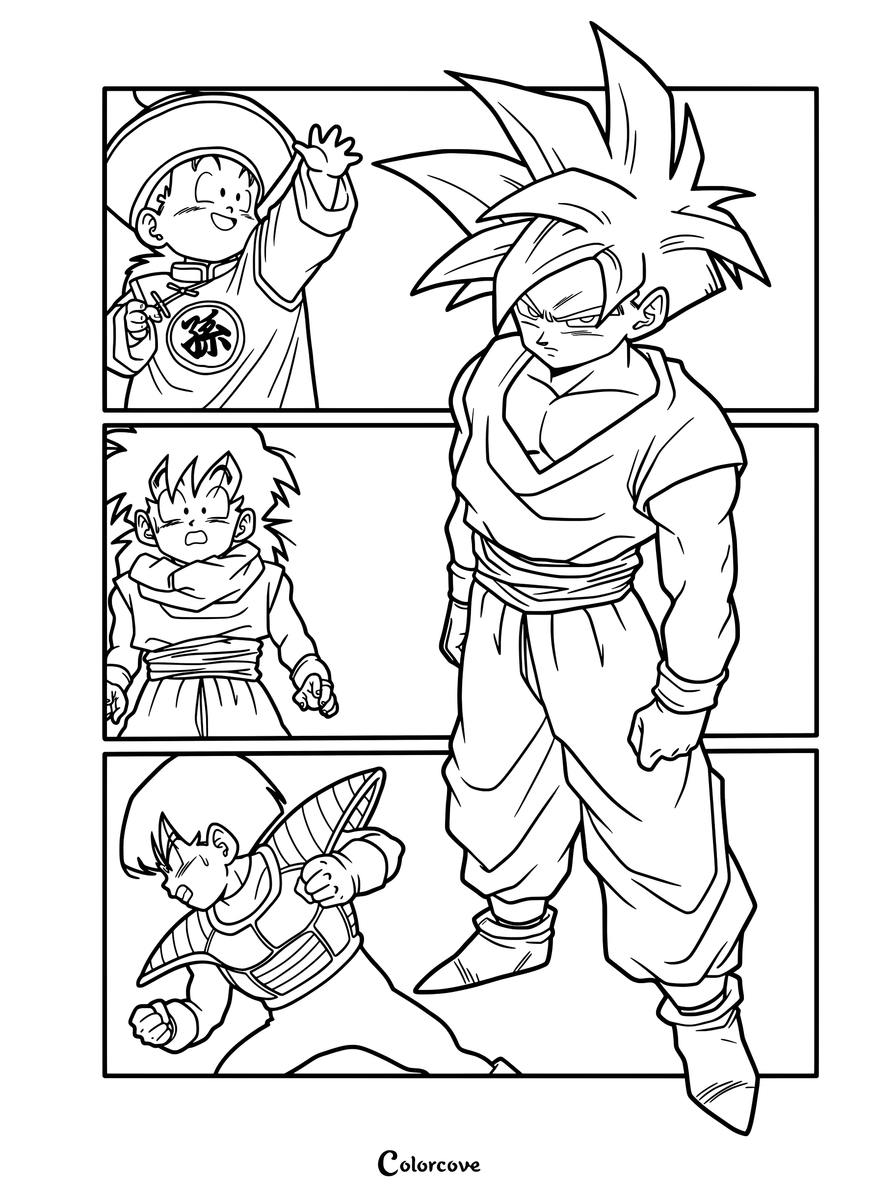 Dibujo para colorear de Dragon Ball que presenta una evolución artística de Son Gohan a través de diferentes sagas.