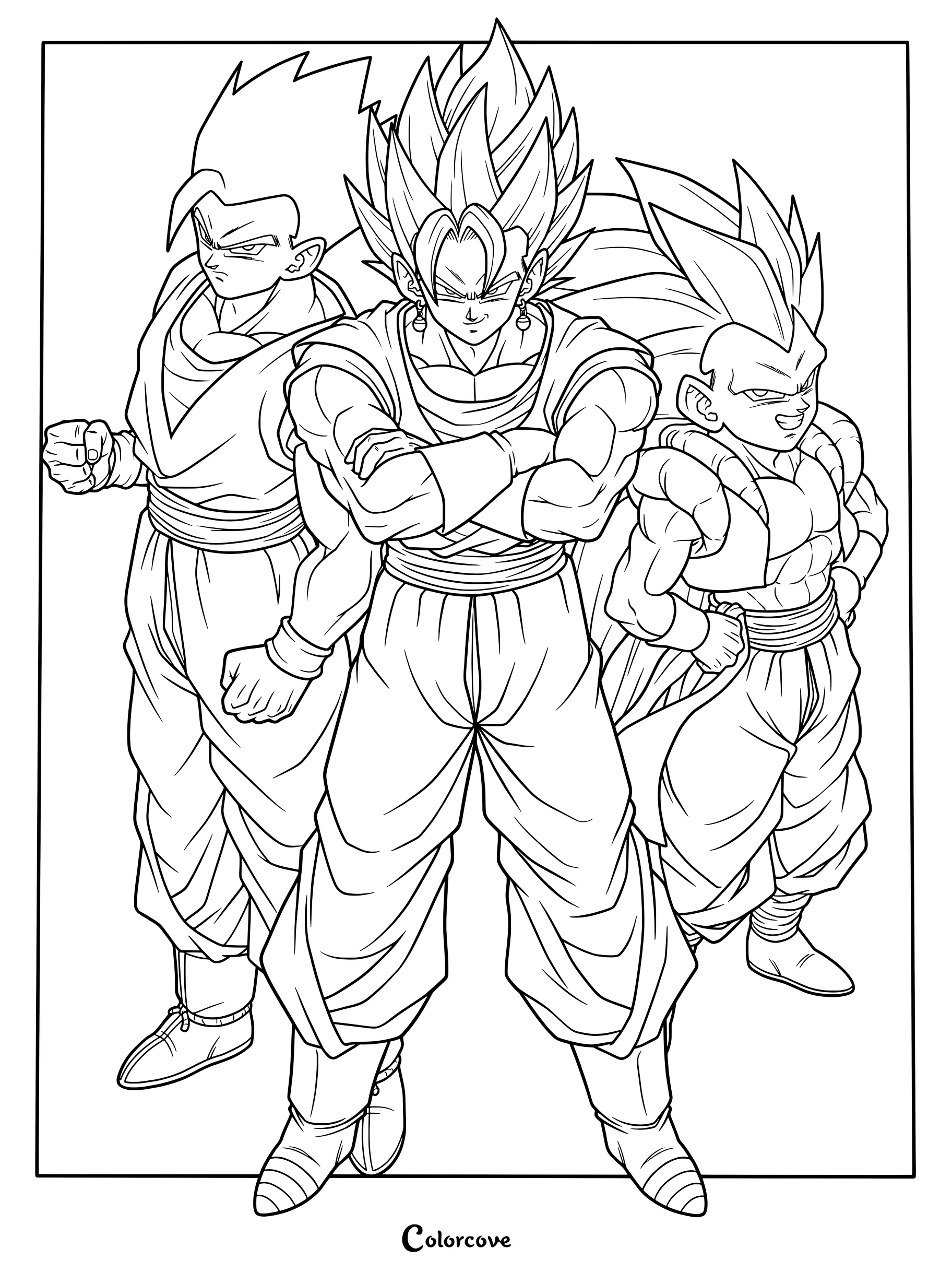 Dibujo de Dragon Ball Z de la Saga de Majin Buu para colorear con Gohan Definitivo, Super Vegetto y Gotenks Super Saiyajin 3.