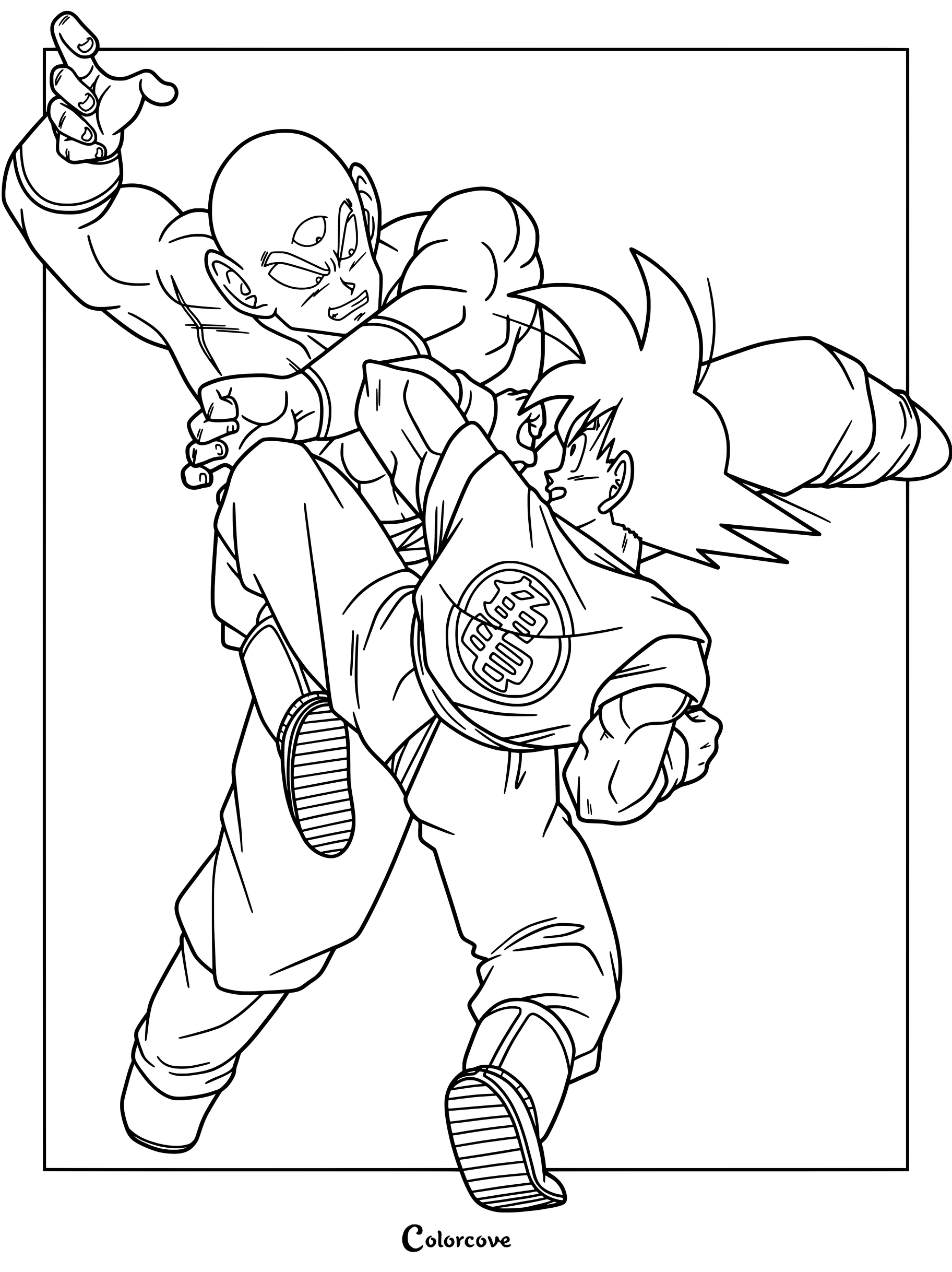 Son Goku y Tenshinhan en un clásico combate de artes marciales en esta página para colorear de Dragon Ball.