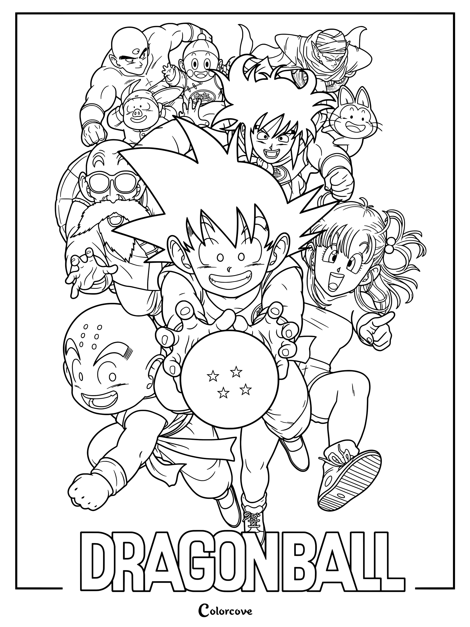 Página para colorear de Dragon Ball con el joven Son Goku sosteniendo una Esfera de cuatro estrellas junto a personajes como Bulma, Krilin, el Maestro Roshi, Yamcha y Puar