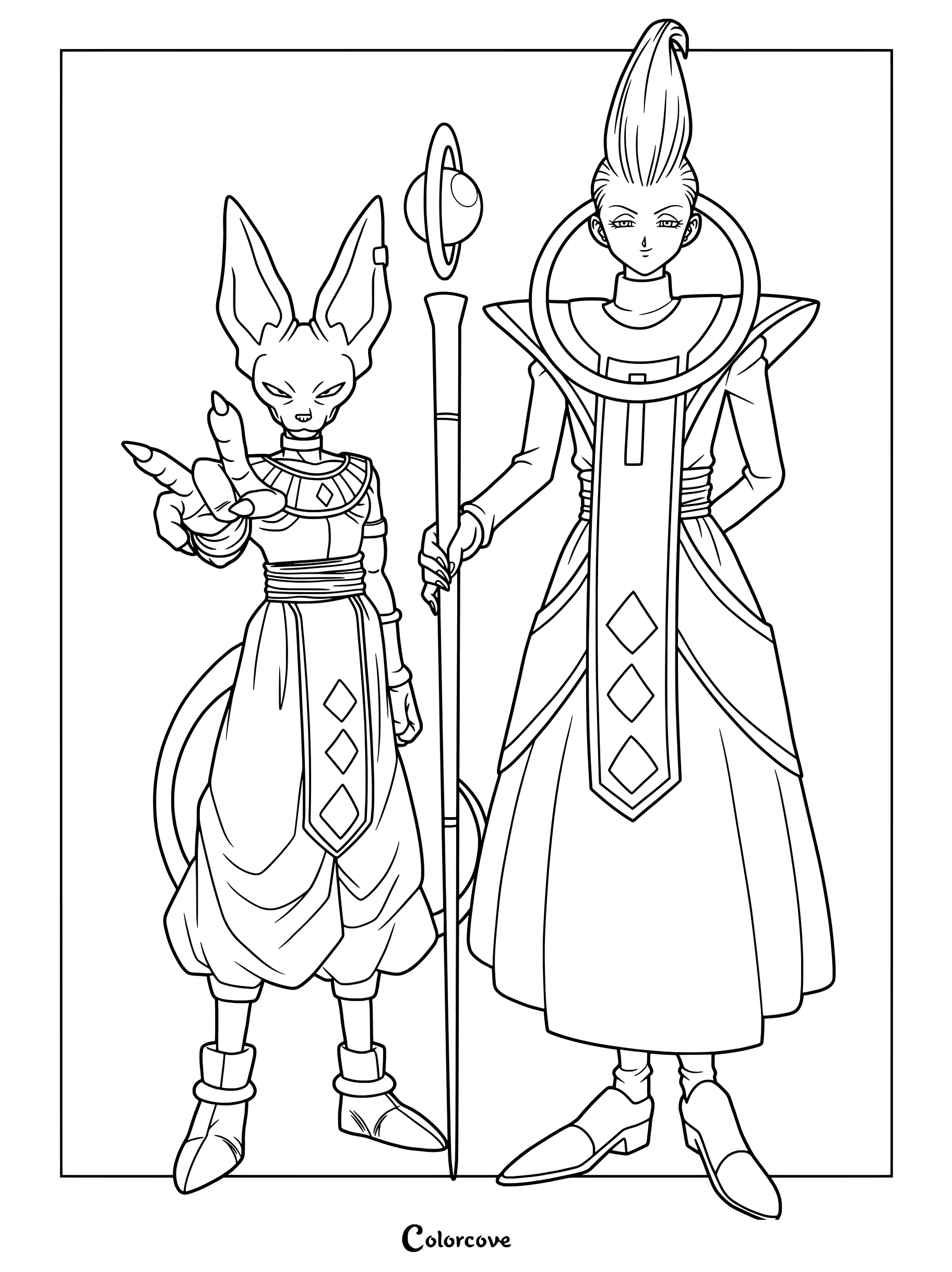 Dibujo de Beerus y Whis para colorear de Dragon Ball con el Dios de la Destrucción y su asistente.
