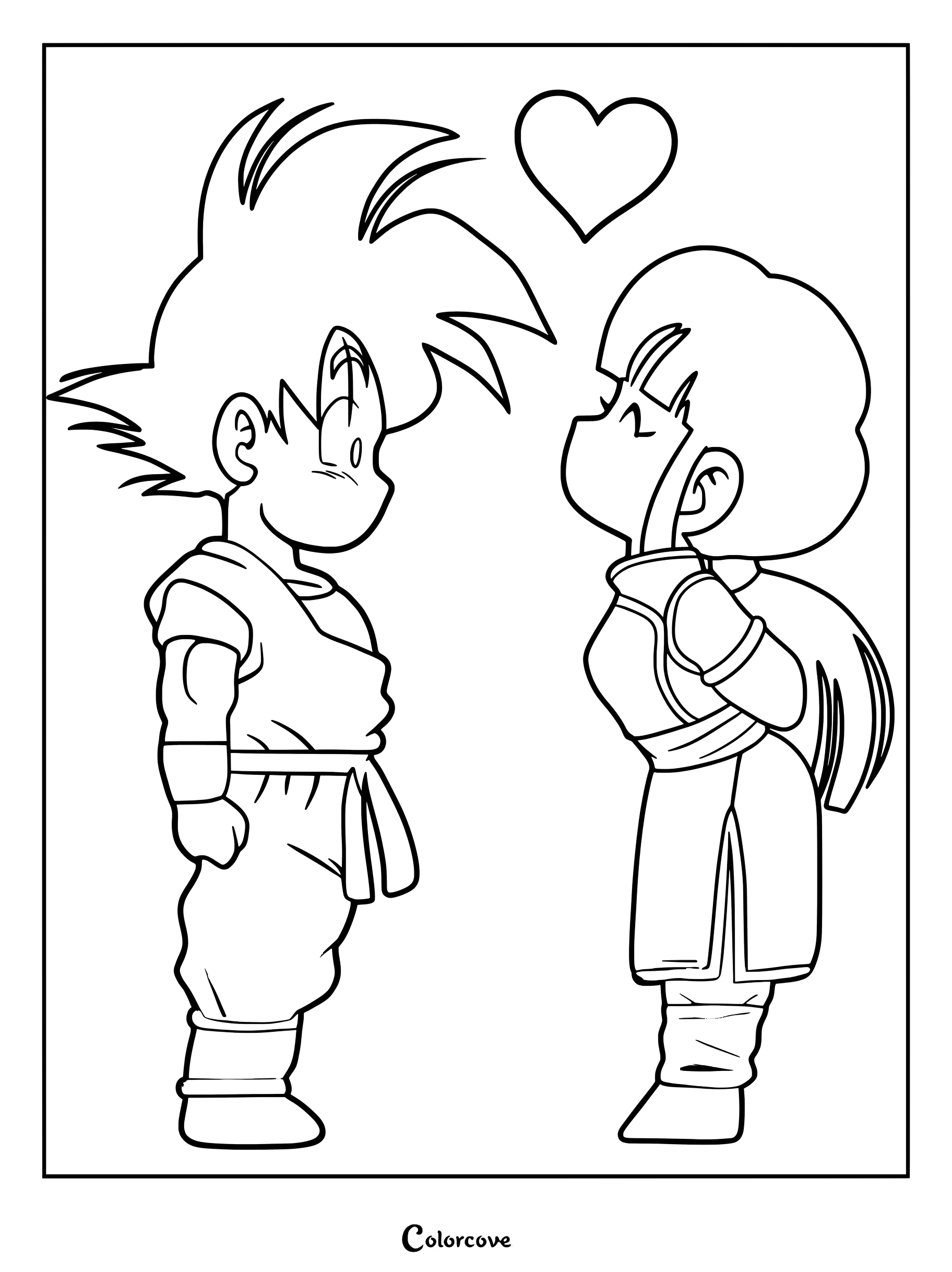 Dibujo para colorear estilo chibi de Son Goku y Milk frente a frente con un corazón de Dragon Ball.
