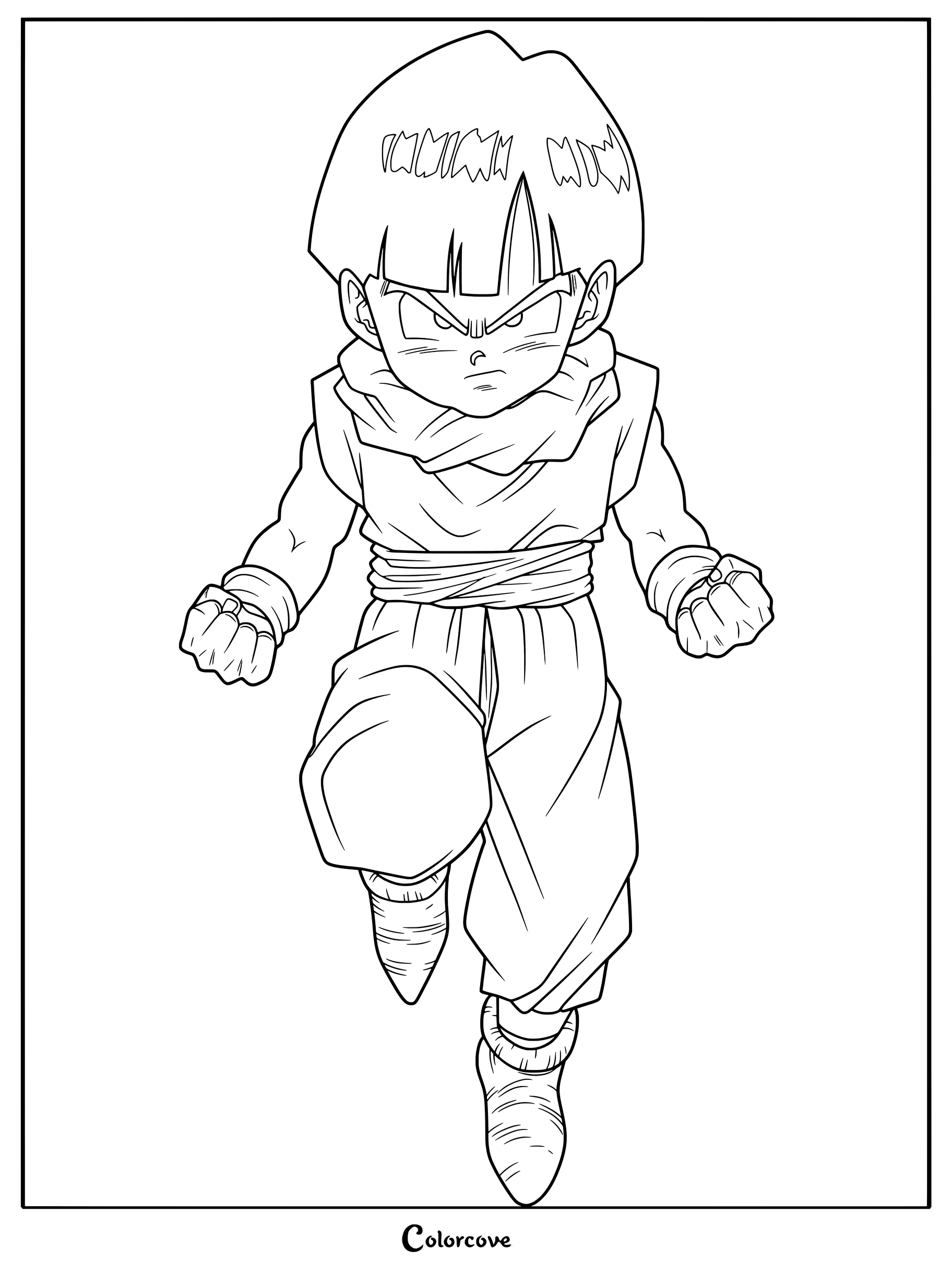 Página para colorear de Dragon Ball del joven Son Gohan con su icónico traje morado y su capa blanca.