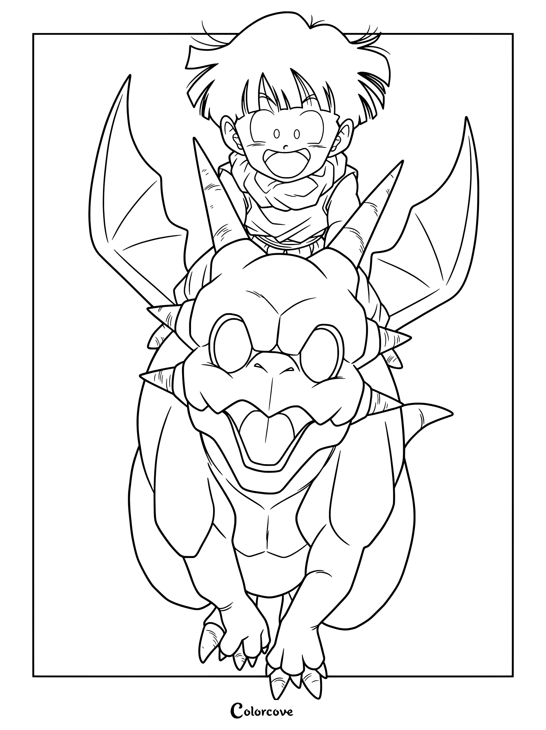 El joven Son Gohan montando a su amigo Icarus en esta página para colorear de Dragon Ball.
