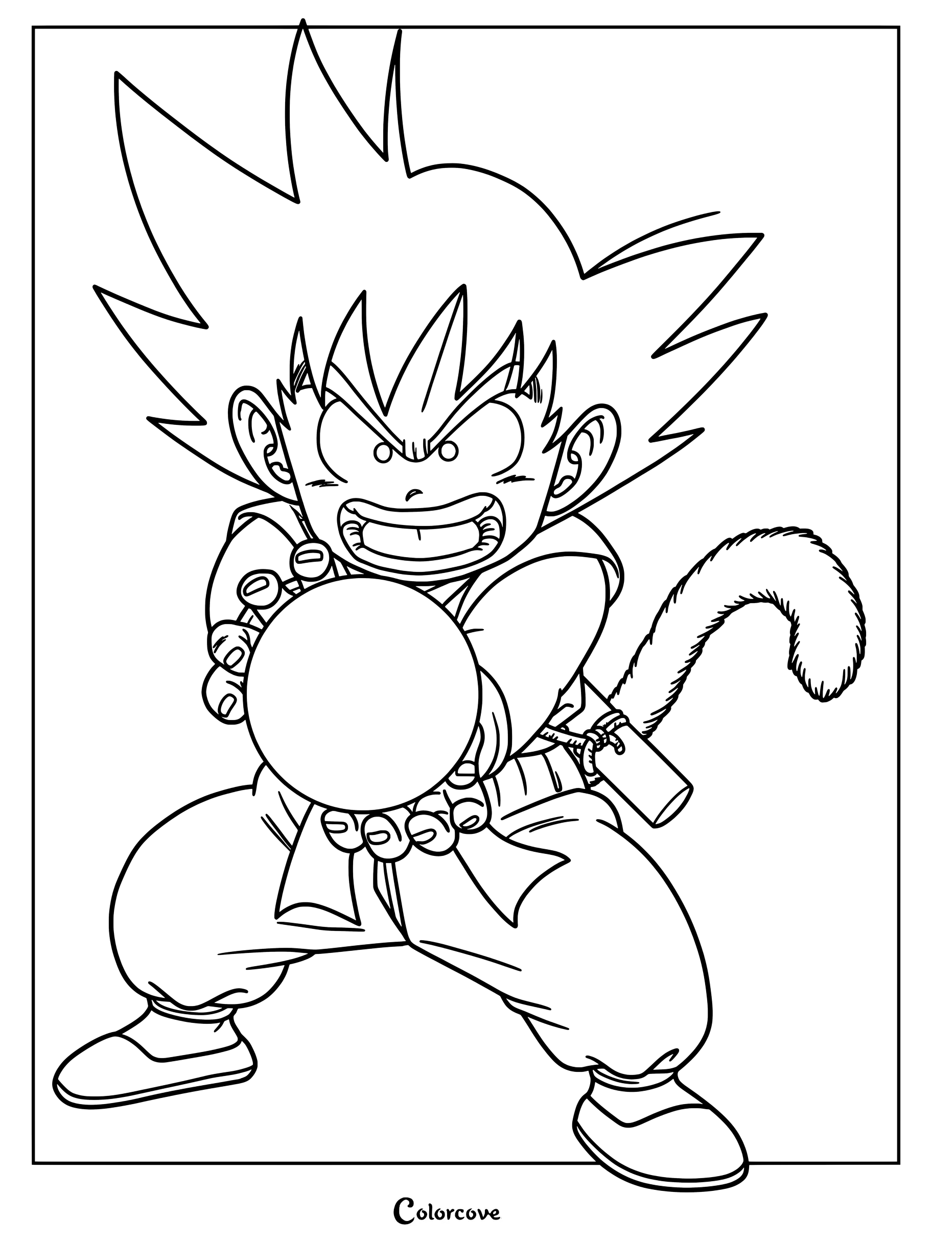 Página para colorear de Dragon Ball con el joven Son Goku cargando una onda Kamehameha