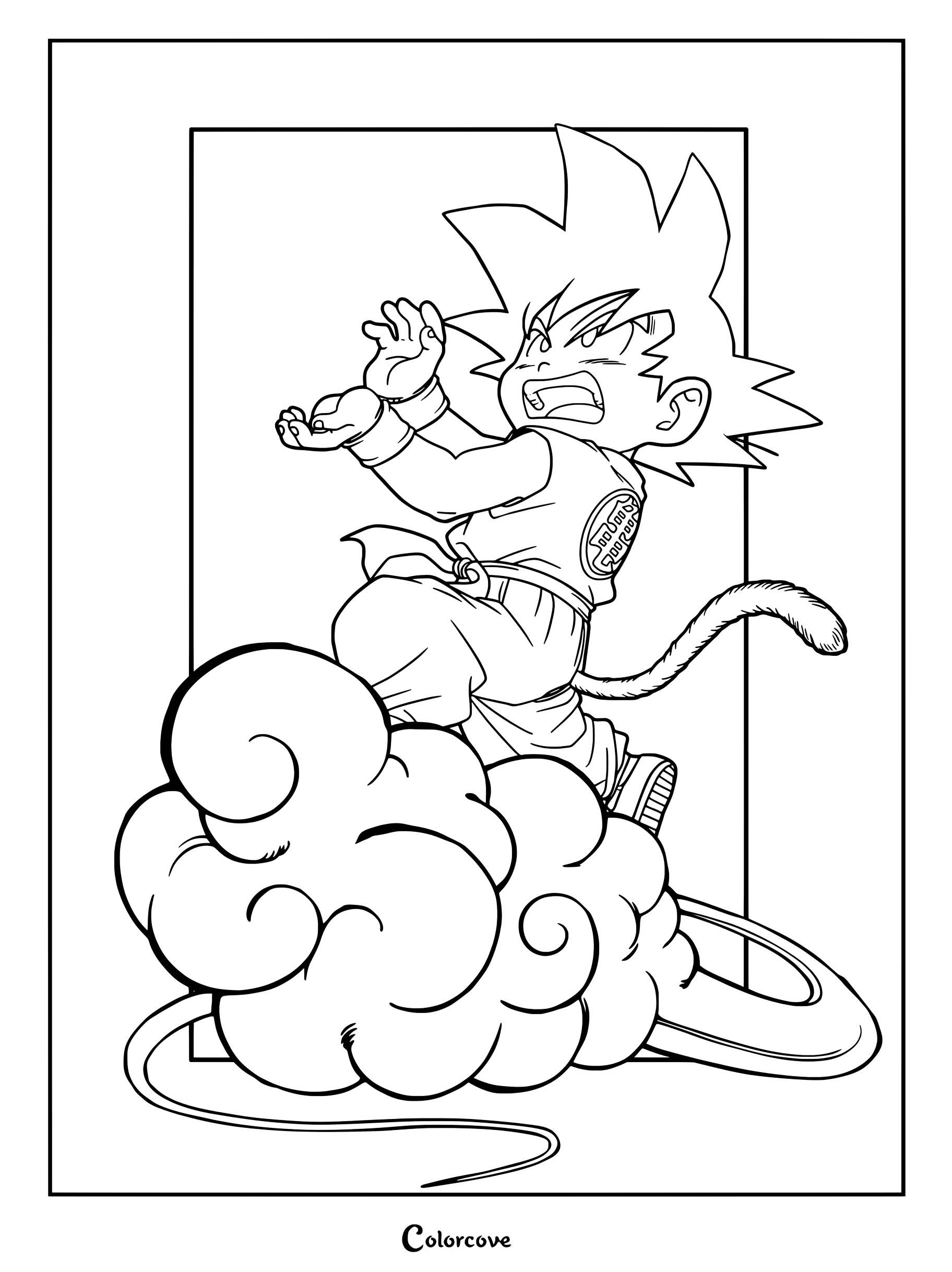 Página para colorear de Dragon Ball con el joven Son Goku montando la mágica Nube Voladora.