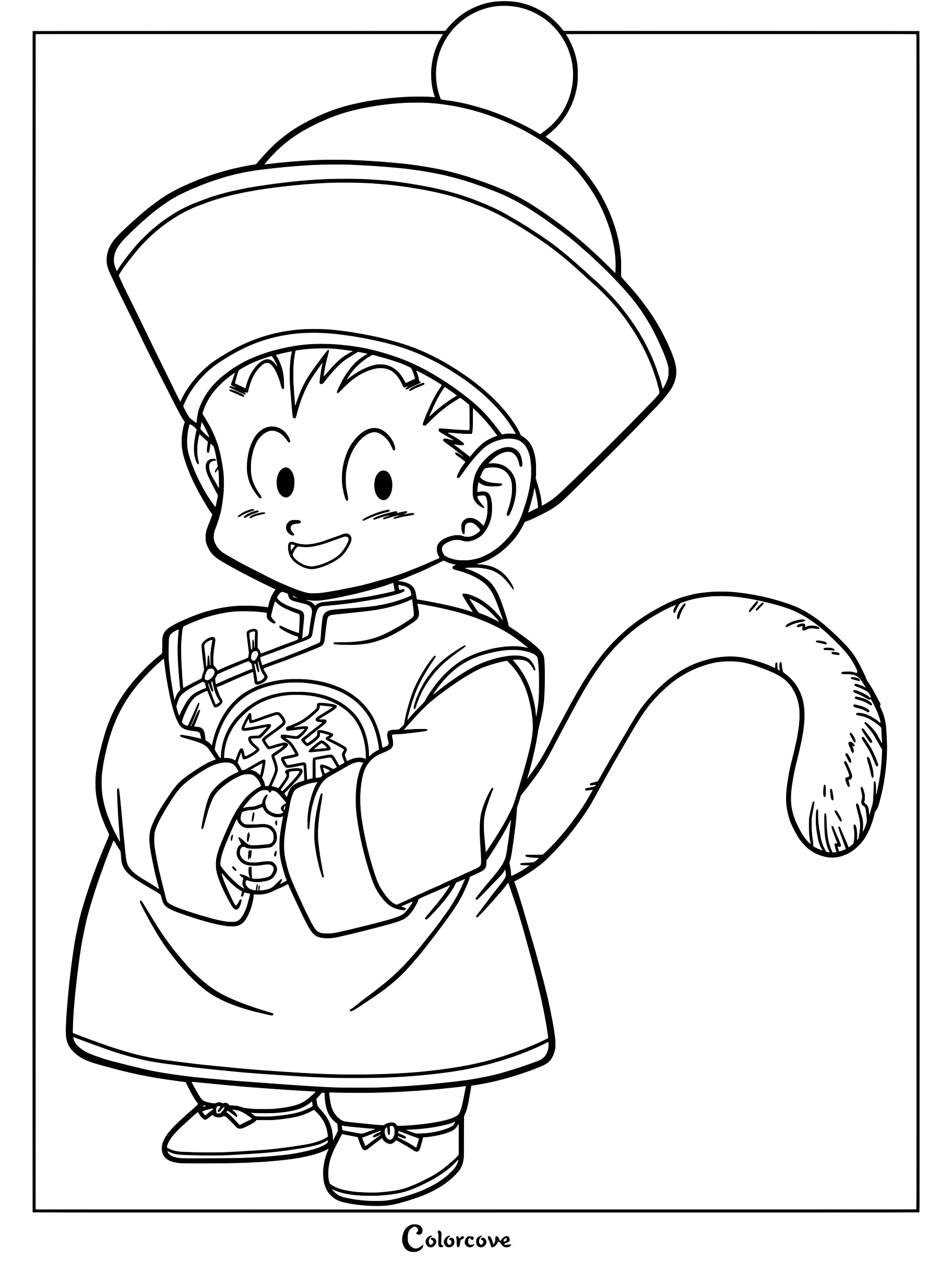 Página para colorear imprimible de Dragon Ball del pequeño Son Gohan con un sombrero rojo con la Esfera de cuatro estrellas y mostrando su cola de mono.