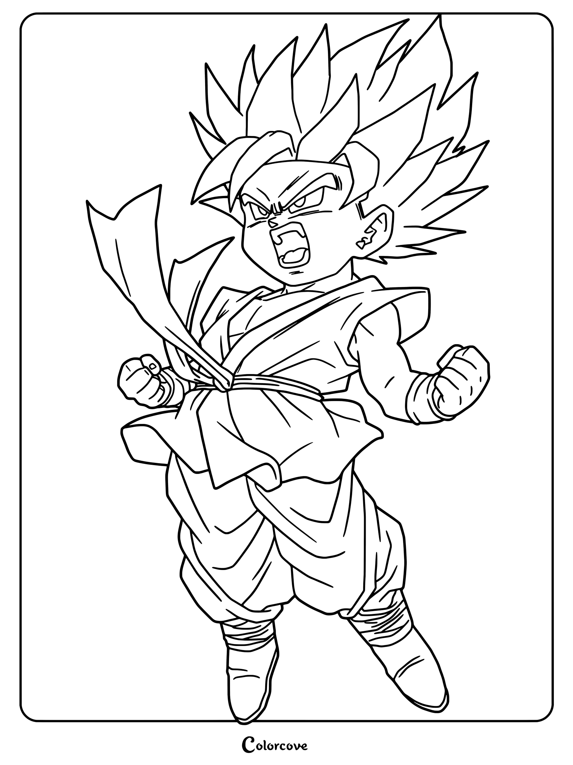 Página para colorear de Dragon Ball con el joven Son Goku de GT transformado en Super Saiyajin con cabello dorado y erizado.