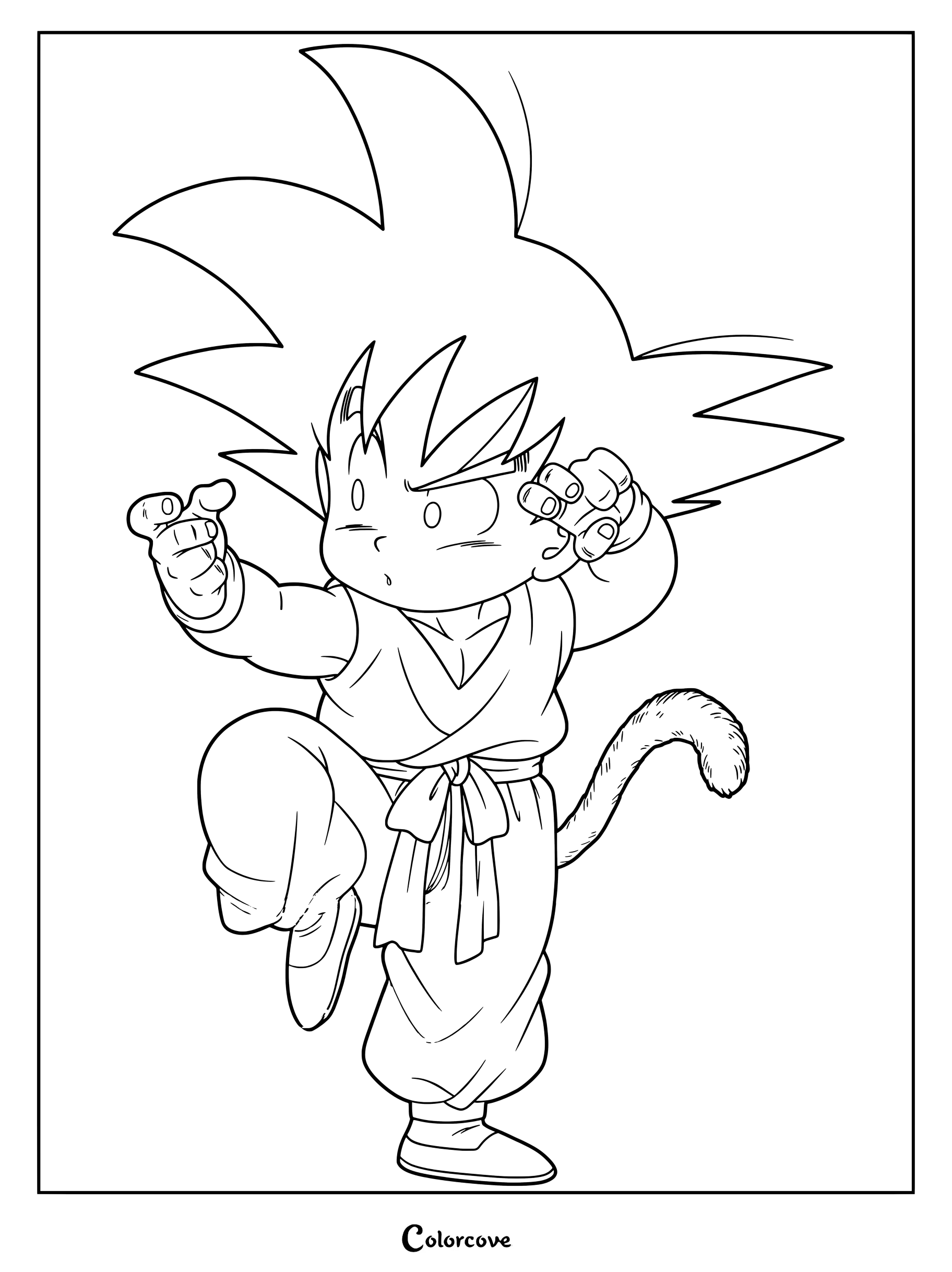 El joven Son Goku listo para la acción en esta página para colorear imprimible de Dragon Ball.